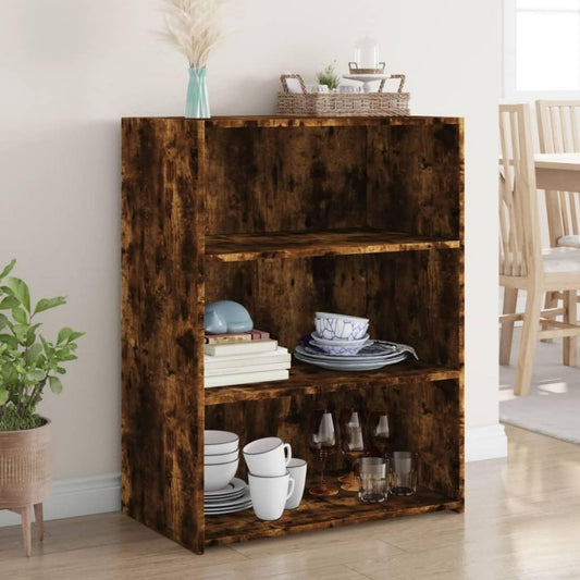 Das Sideboard zeigt offene Ablagen in Dunkelbraun