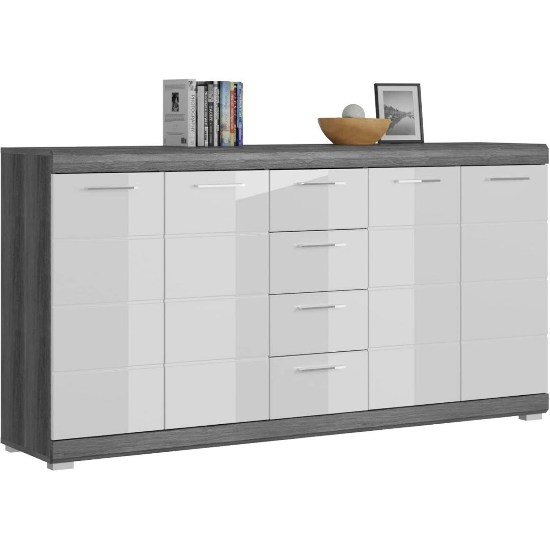 Sideboard in Weiss und Silber mit glaenzenden Oberflaechen