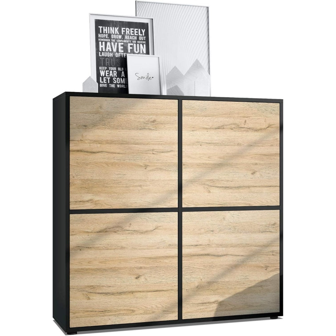Grifflose Fronten und matte Oberflaechen an dem Hochschrank