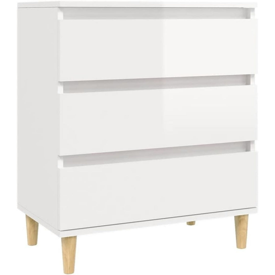 Sideboard verbindet glaenzende Oberflaechen und Holzbeine