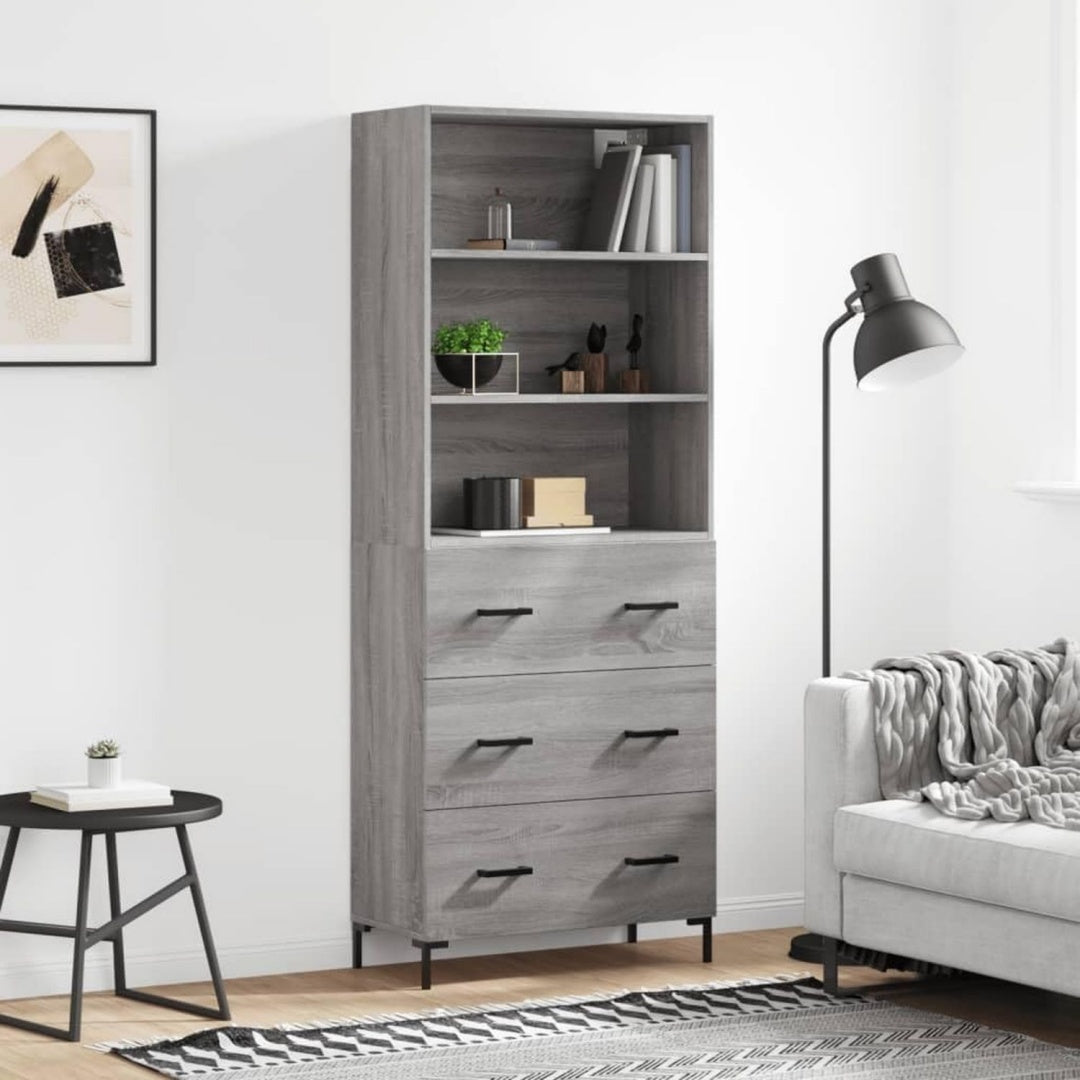 Hochschrank aus Holzwerkstoff in Eichenbraun und Grau mit den Massen 69.5 x 34 x 180 cm